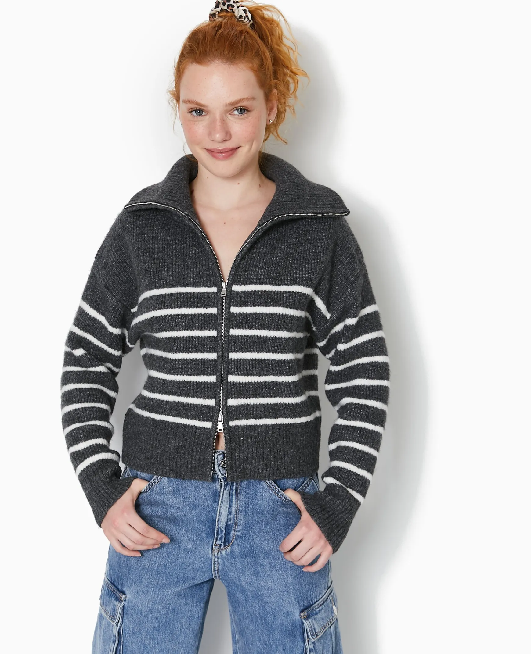Pimkie Pimkie Positive|Pull Et Gilet^Gilet Zippé Rayé Avec Grand Col Maille Côtelée -