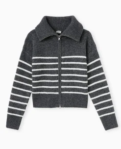 Pimkie Pimkie Positive|Pull Et Gilet^Gilet Zippé Rayé Avec Grand Col Maille Côtelée -
